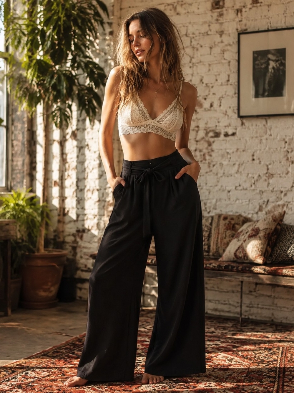 Philosophy Black Wide-Leg Drawstring Pants